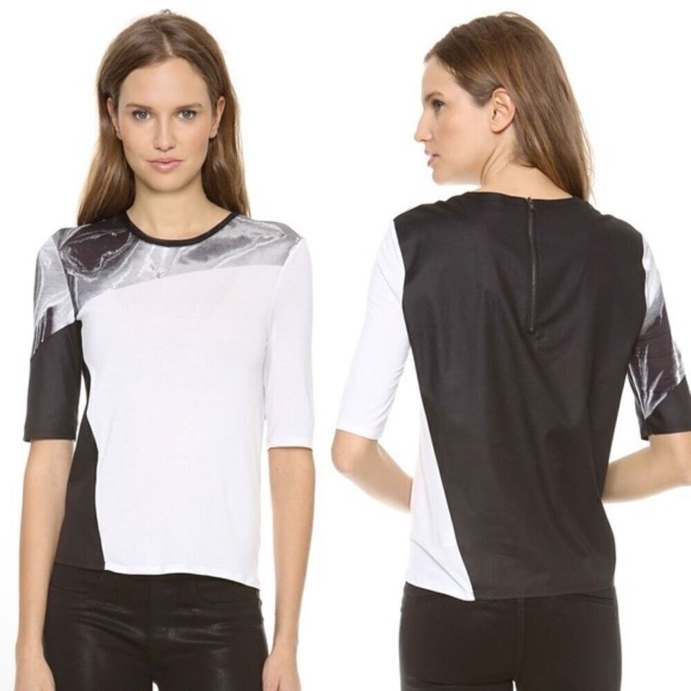 Helmut Lang Short Sleeve Silver Print Top in Cream/Black Marble Size Large